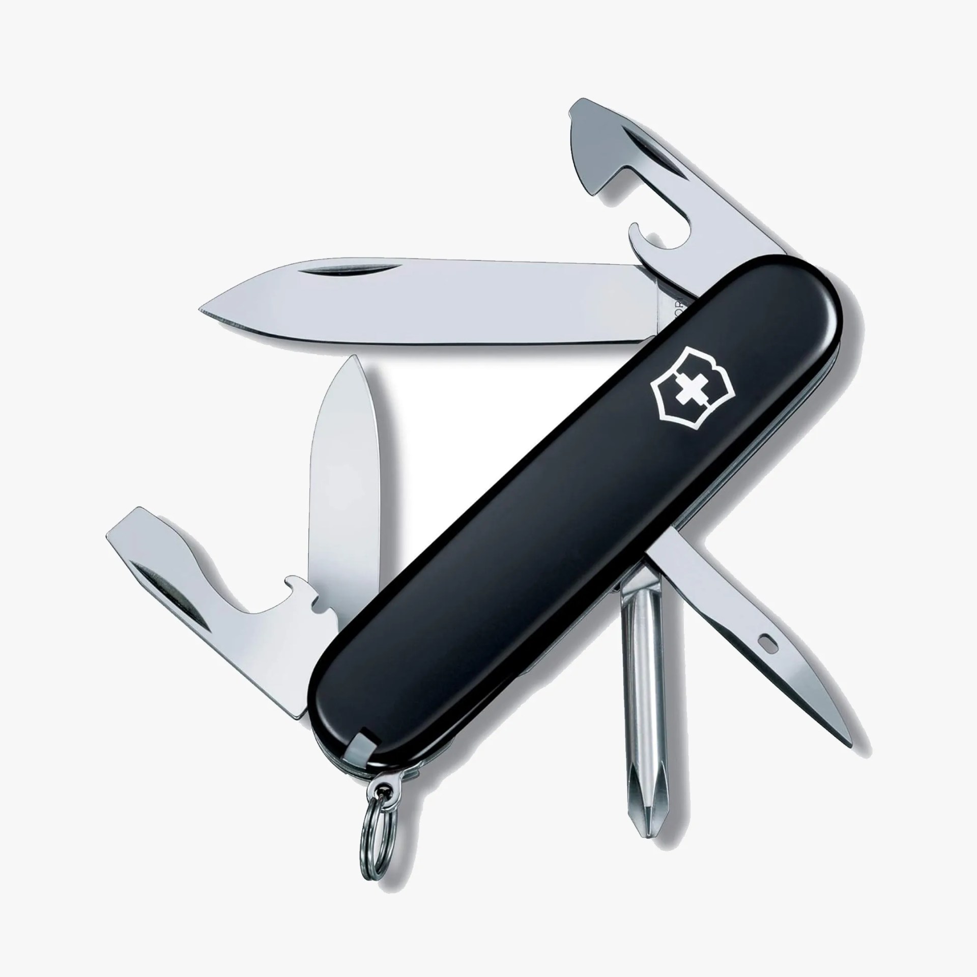 Black Swiss Army knife with multiple open stainless steel tools including blades, screwdriver, and bottle opener.