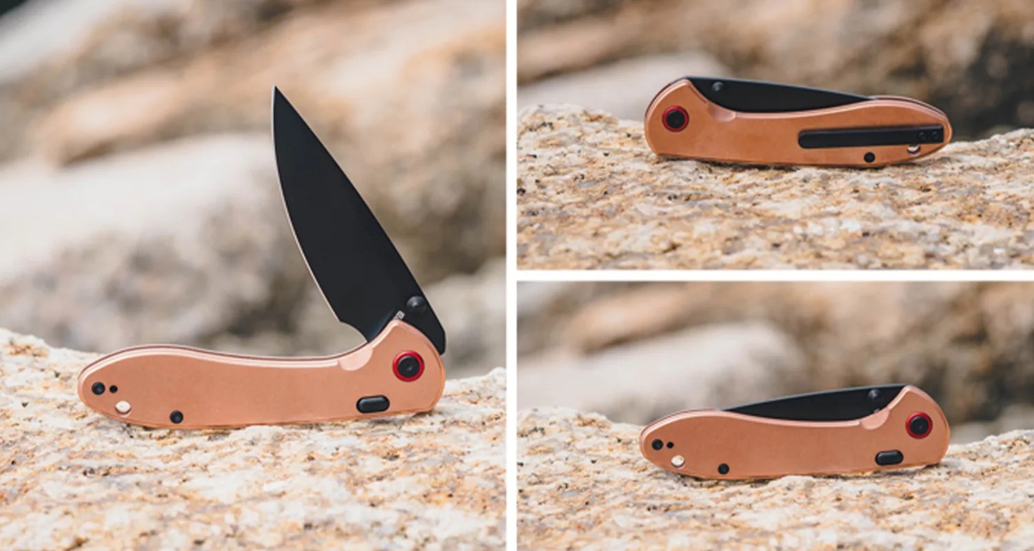 Copper-handled folding knife with black blade shown open and closed on a textured rock surface.