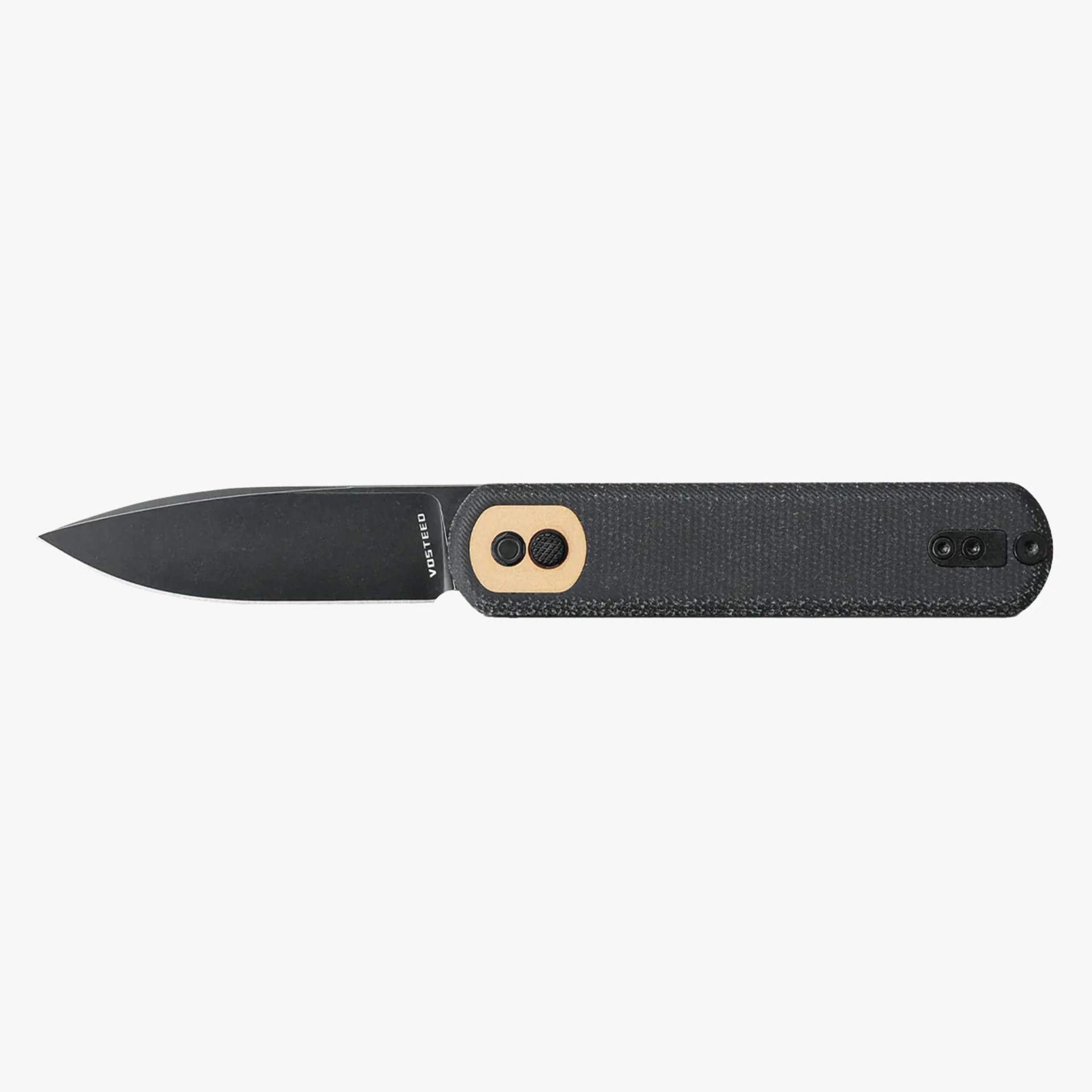 Black folding knife with textured handle and gold accent near the blade pivot, blade marked "Vosteed.