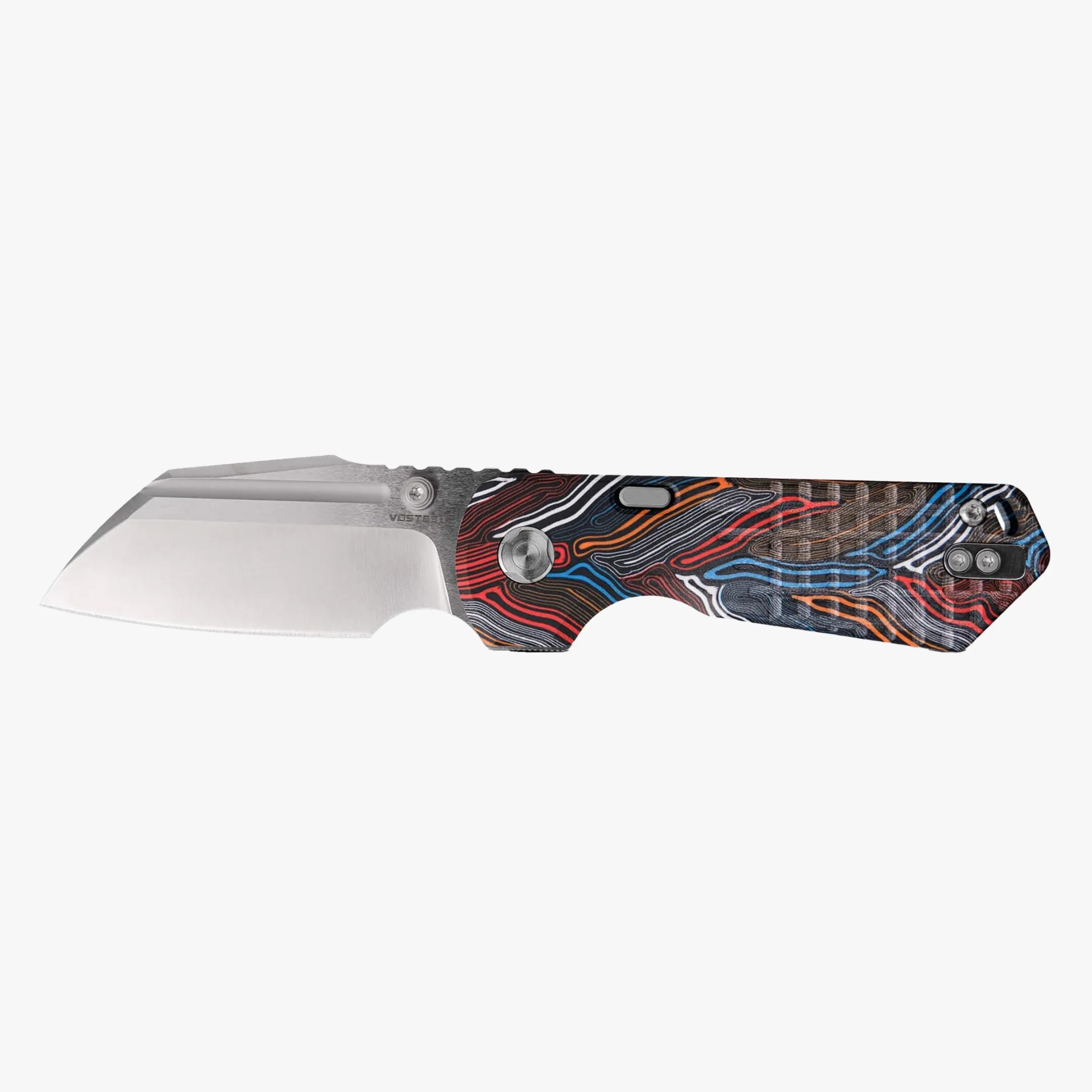 Folding knife with a silver blade and a handle featuring a multicolored wavy line pattern in red, blue, orange, and white.