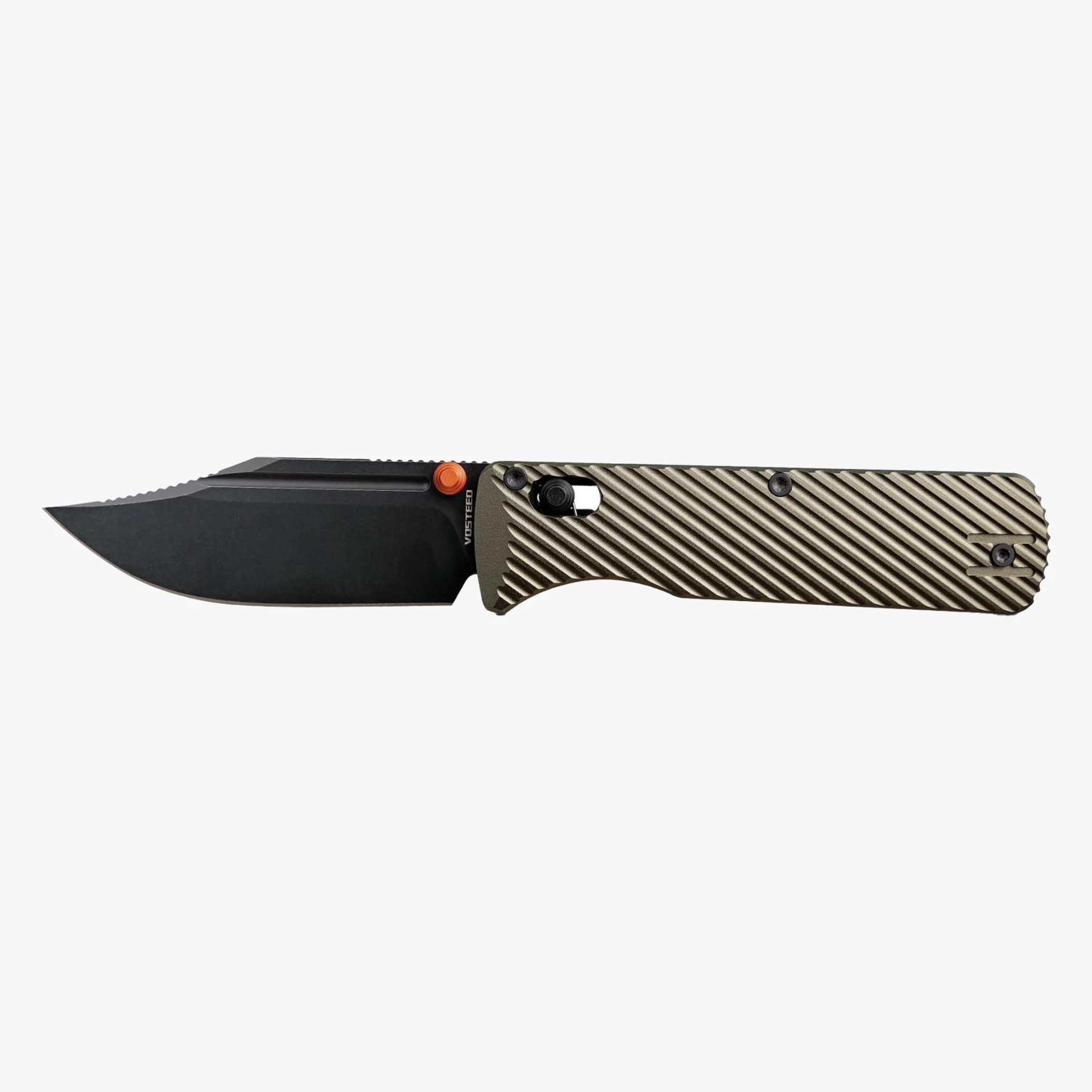 Folding knife with black blade and textured olive green handle with orange thumb stud.