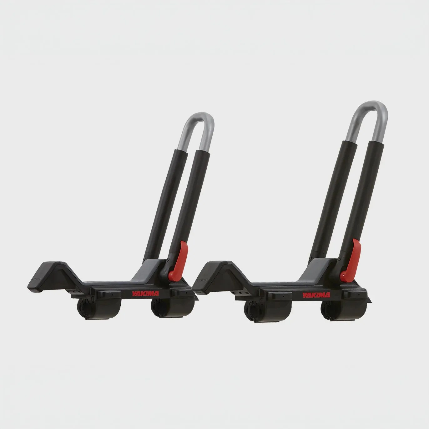 Pair of black and silver Yakima bike racks with red locking levers.