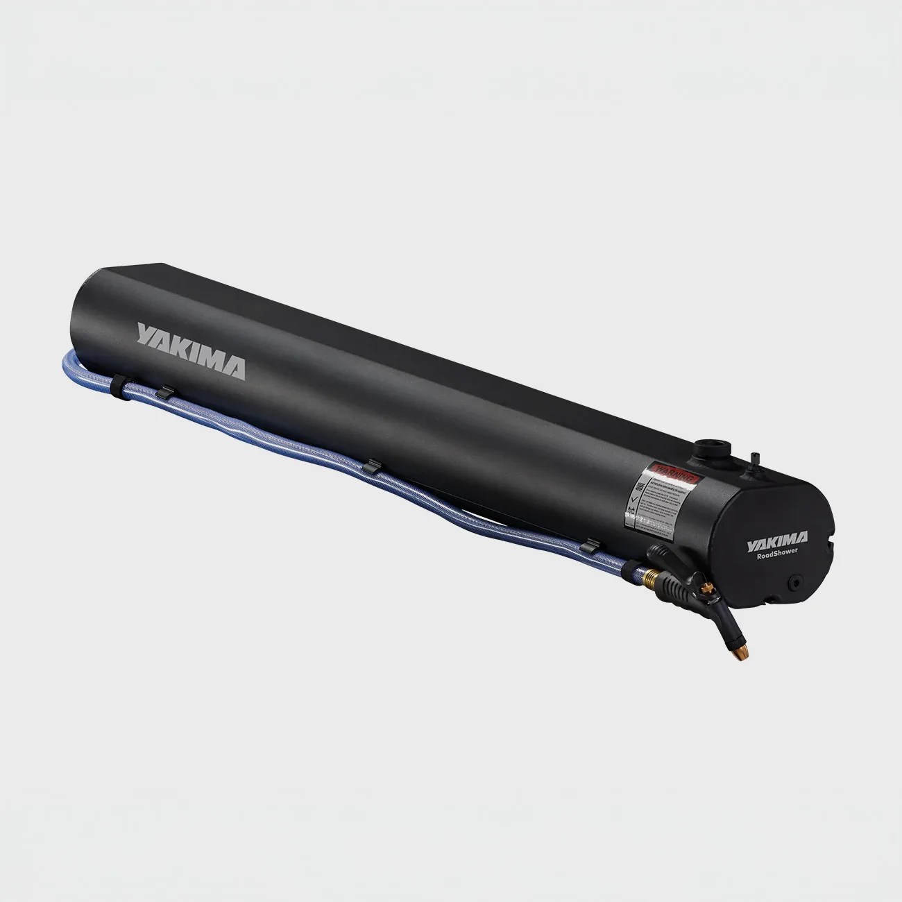 Black cylindrical Yakima RoadShower with attached blue hose and spray nozzle on a white background.