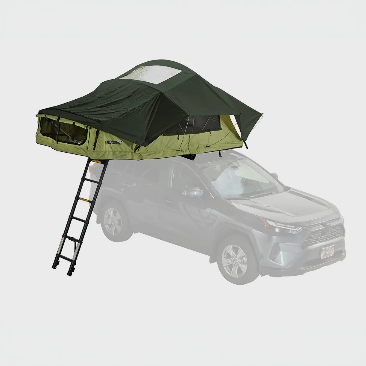 Green rooftop tent with black rainfly and attached black ladder mounted on a gray SUV.