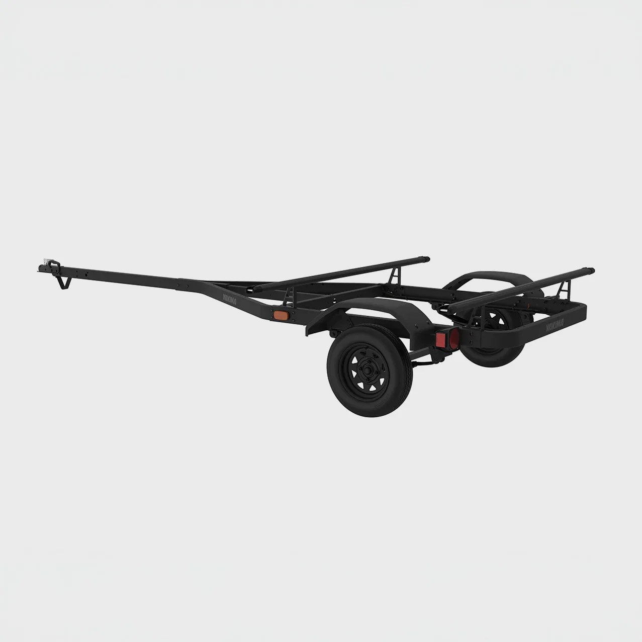 Black metal trailer frame with two wheels and angled support bars on a white background.
