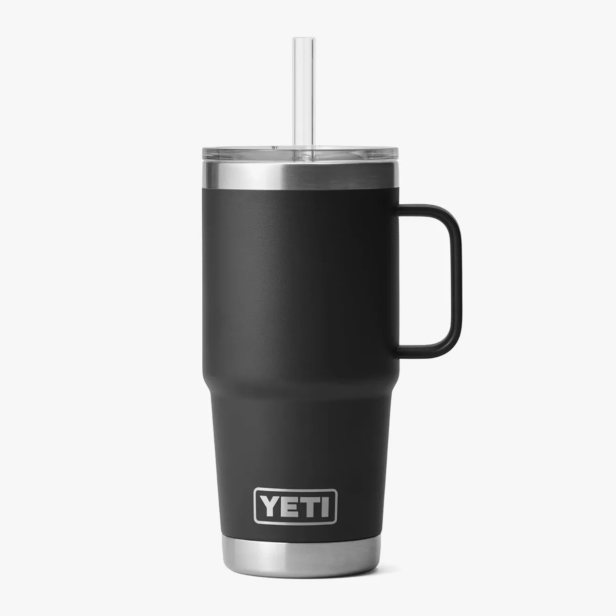 Matte black YETI insulated tumbler with handle, clear lid, and straw.