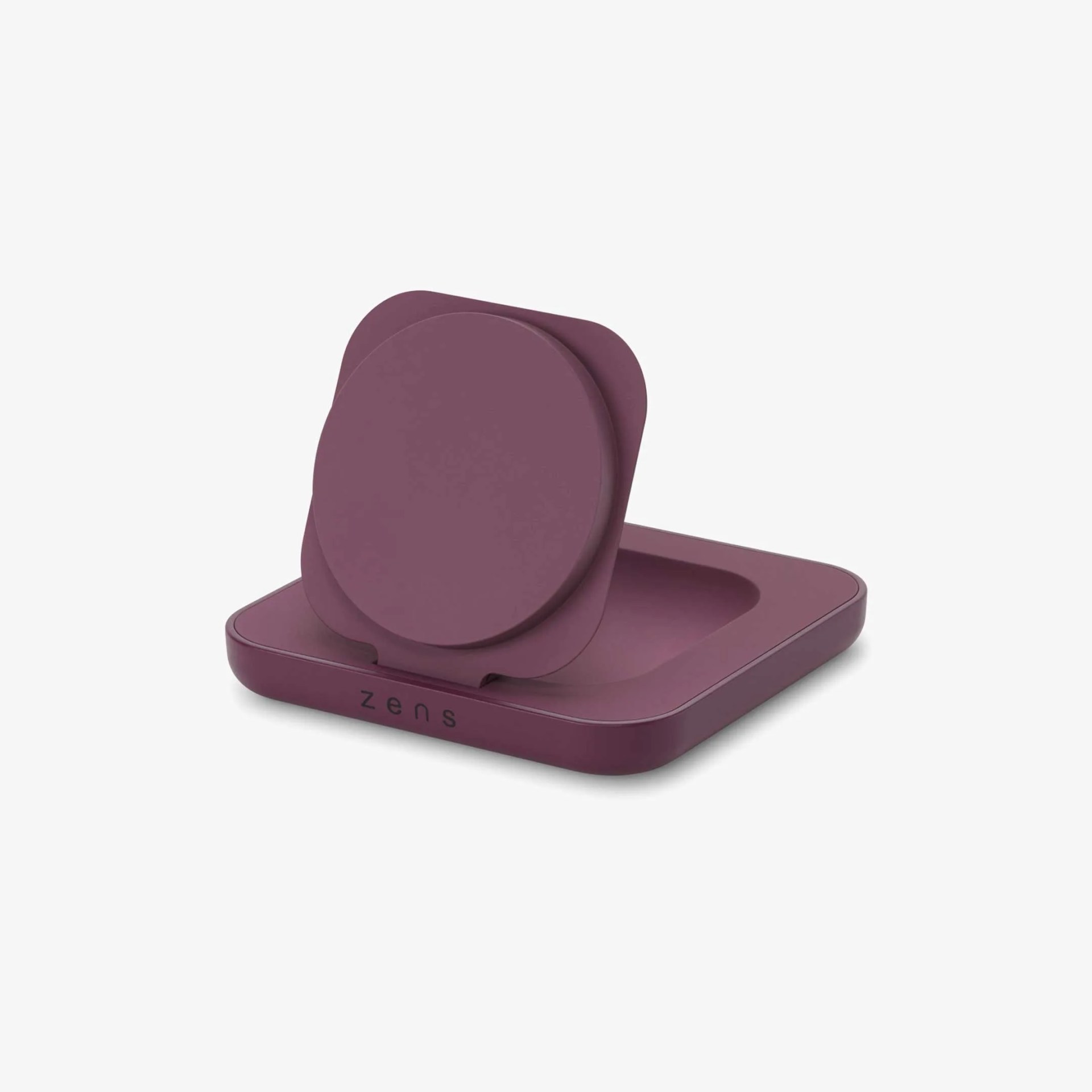 Purple square wireless charging stand with rounded edges and the brand name "zens" on the front.