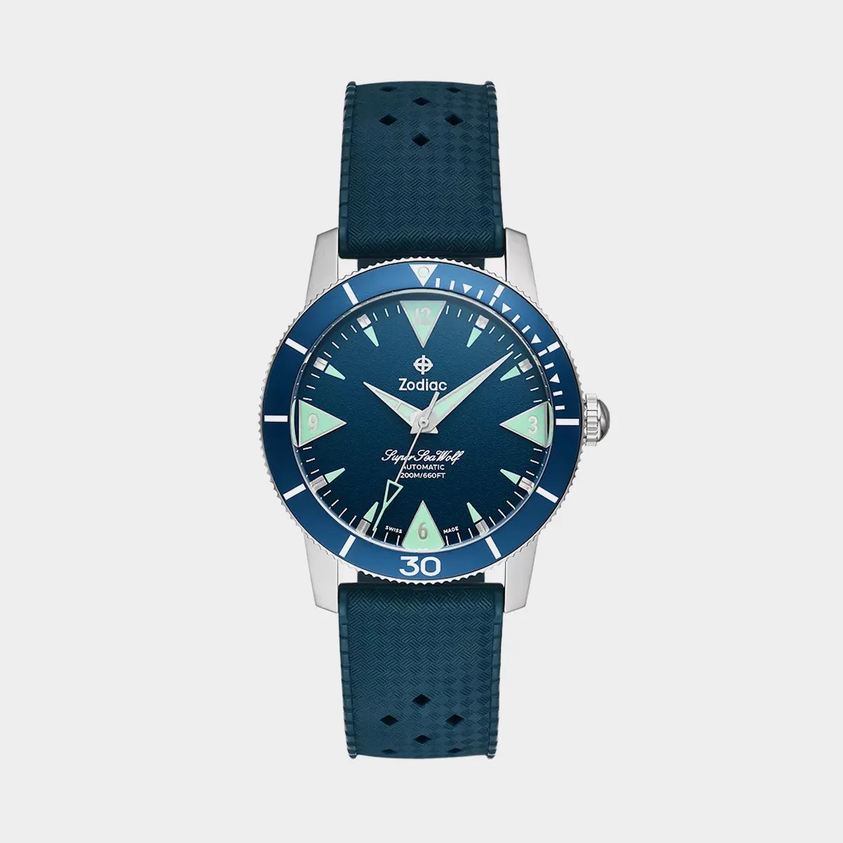 Blue Zodiac Super Sea Wolf automatic watch with silver case and textured blue rubber strap.