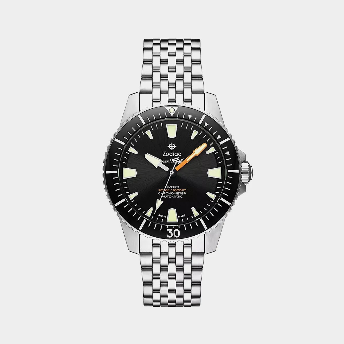 Silver metal bracelet watch with black dial, luminous markers, and orange minute hand.