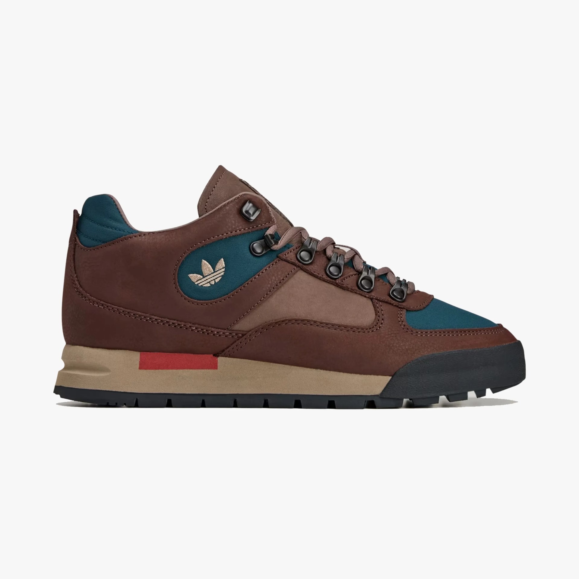 Brown and teal Adidas sneaker with beige midsole and black outsole, featuring metal eyelets and the Adidas trefoil logo.