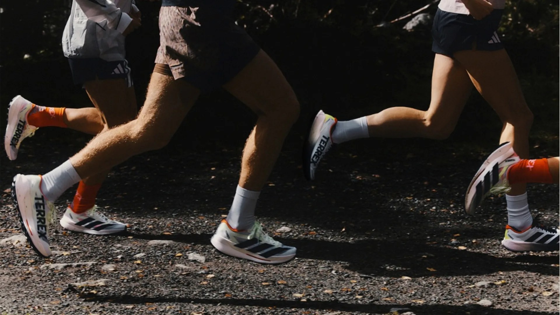 Four people running on a gravel trail wearing white Adidas Terrex running shoes with orange and white socks.