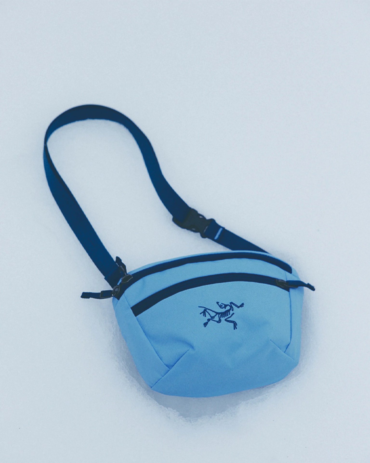 Light blue waist bag with black zipper and strap featuring a black skeletal lizard logo on a white surface.