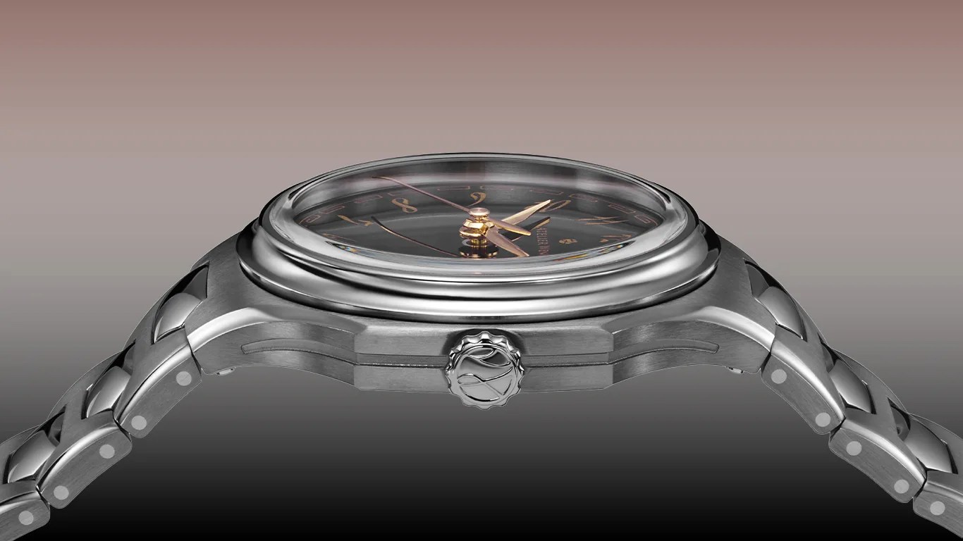 Side view of a stainless steel wristwatch with a black dial, gold hands, and a linked metal bracelet.