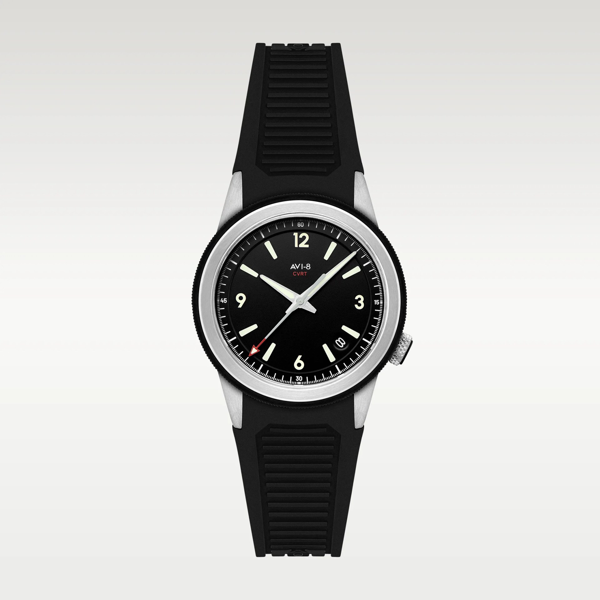 Black AVI-8 wristwatch with silver bezel, luminous hands, and black textured rubber strap.