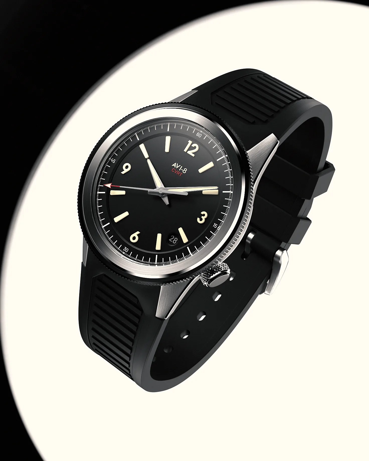 Black AVI-8 wristwatch with silver bezel, luminous markers, and black textured rubber strap on white and black background.