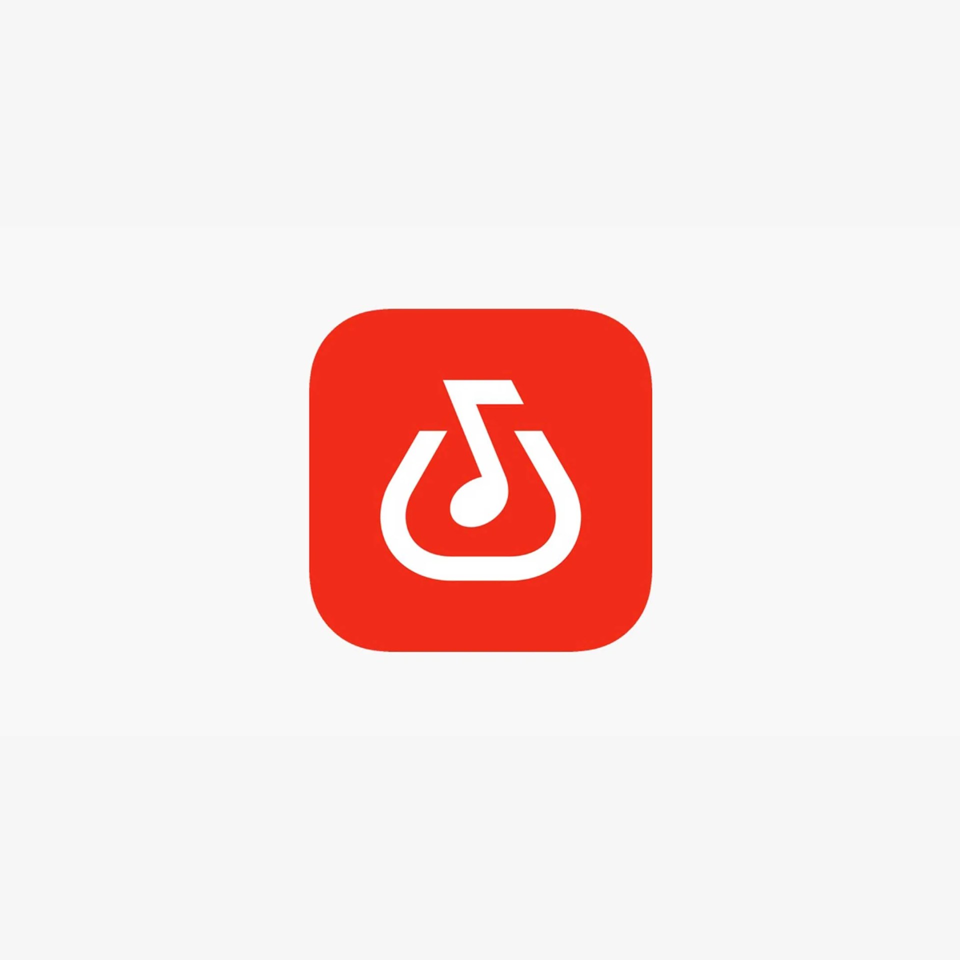 Red square app icon with rounded corners featuring a white stylized musical note inside a loop shape.