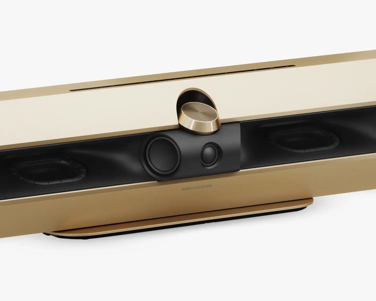Gold and black Bang & Olufsen speaker with a central angled tweeter and multiple drivers.