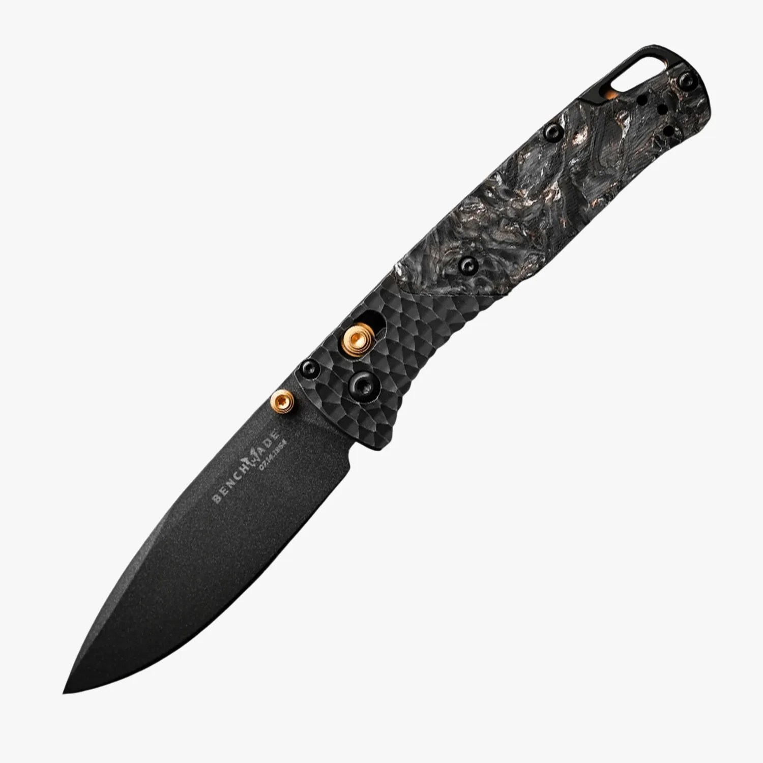 Black folding knife with textured handle and gold-colored thumb studs, blade marked "BENCHMADE