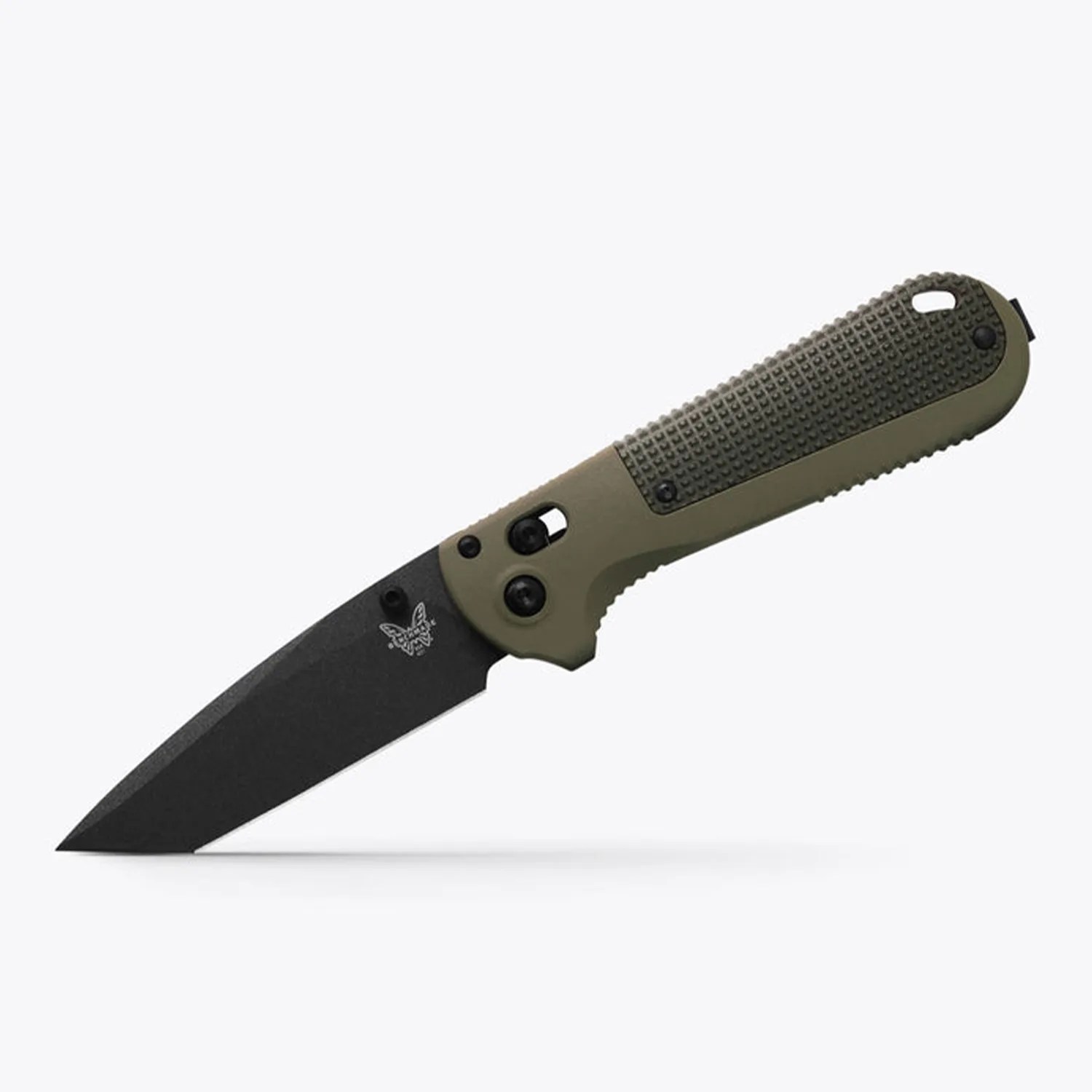 Folding knife with black tanto blade and textured olive green handle.