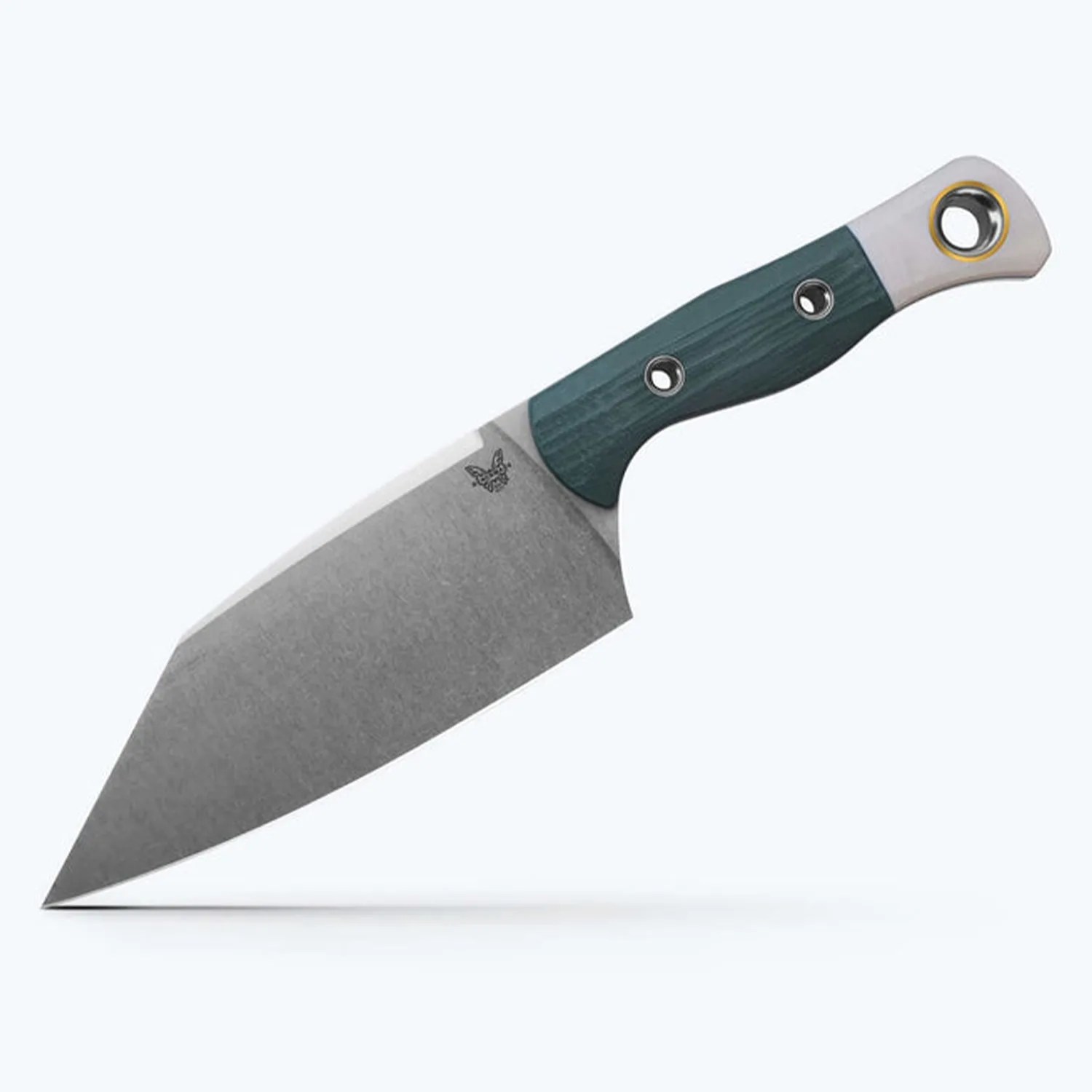 Knife with a wide, angular stainless steel blade and a dark green handle with metal rivets and a lanyard hole.