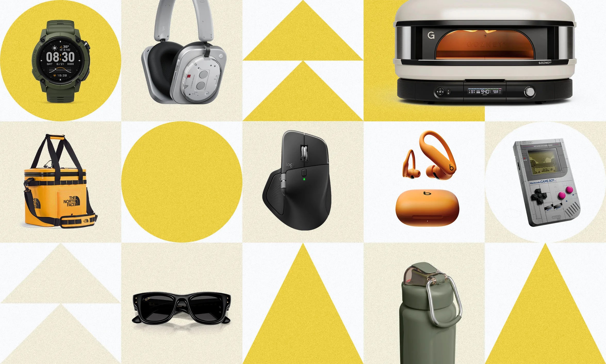 Green digital sports watch with black bezel on yellow circle background. Silver over-ear headphones with black ear cushions on beige background. Cream and black countertop pizza oven with digital display. Yellow and black insulated cooler bag with The North Face logo. Black ergonomic wireless computer mouse with thumb rest. Orange wireless ear hooks and charging case with Beats logo. Gray Nintendo Game Boy handheld console with screen and buttons. Black rectangular sunglasses with thick frames on beige background. Green insulated water bottle with metal carabiner clip.