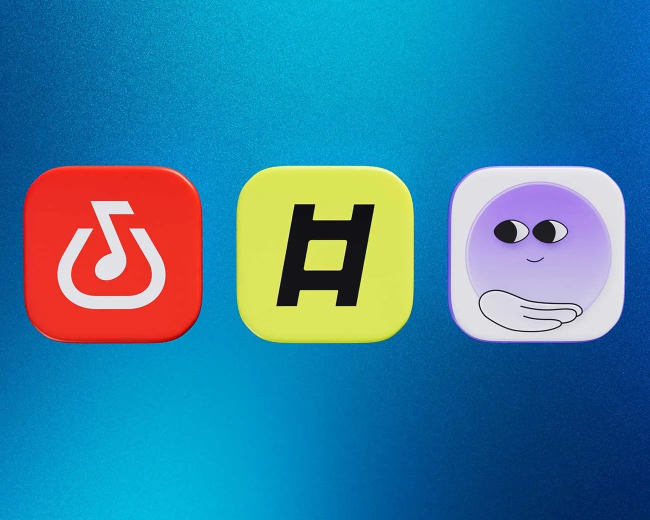 Three colorful app icons on a blue gradient background: red with a white musical note inside a flask, yellow with a black stylized "H," and white with a purple circle featuring eyes and a hand.