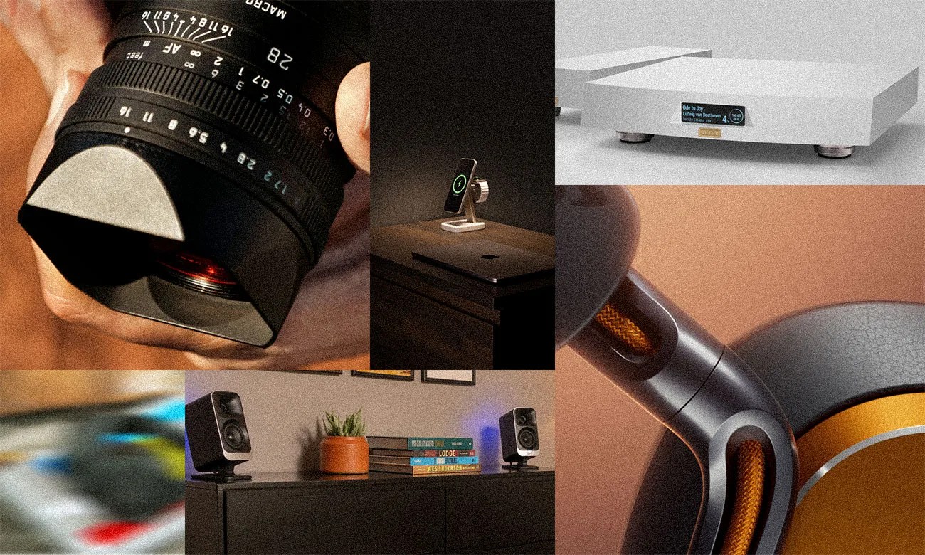 Collage of tech and audio gear including a camera lens, wireless phone charger on a desk, white audio component, close-up of headphones, and bookshelf speakers with books.