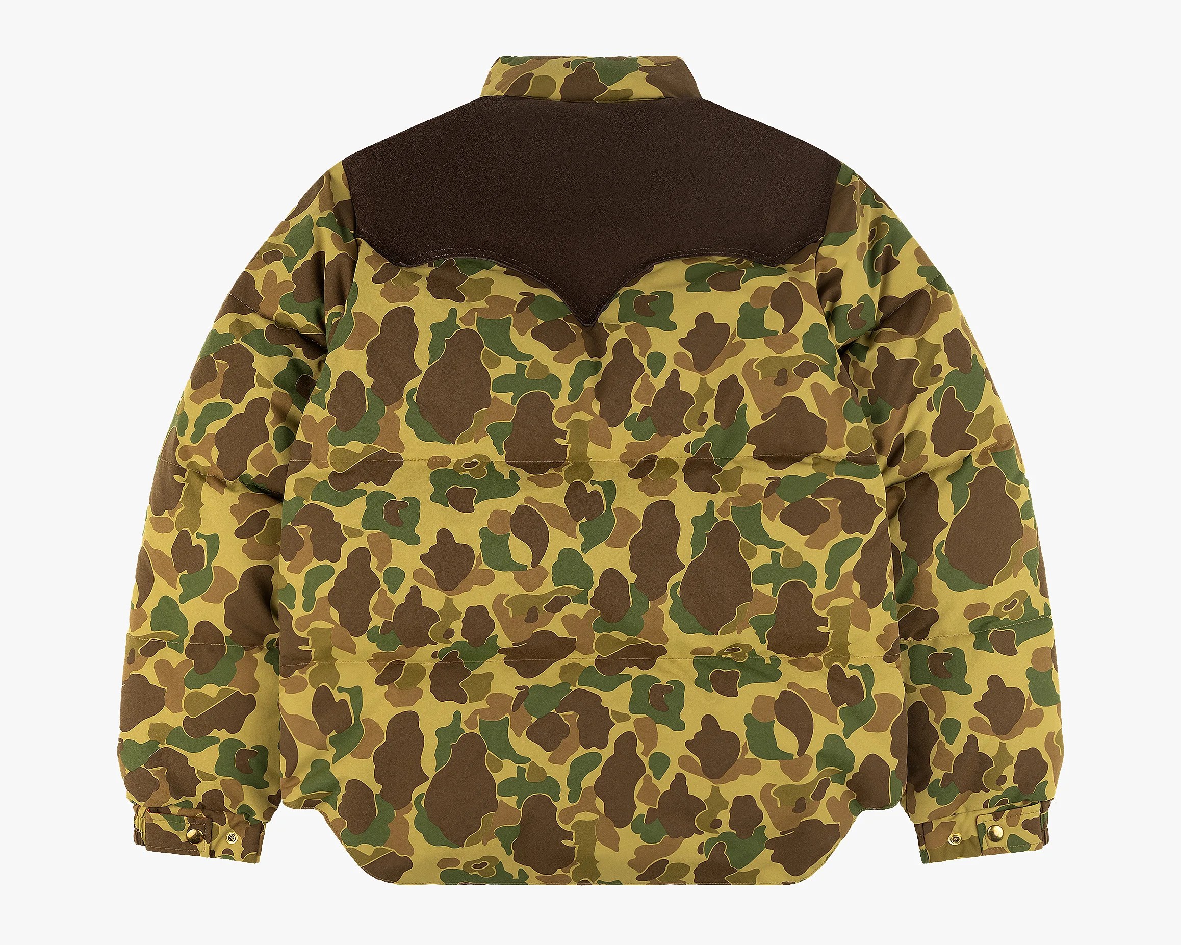 Brown, green, and tan camouflage puffer jacket with dark brown yoke on the back.