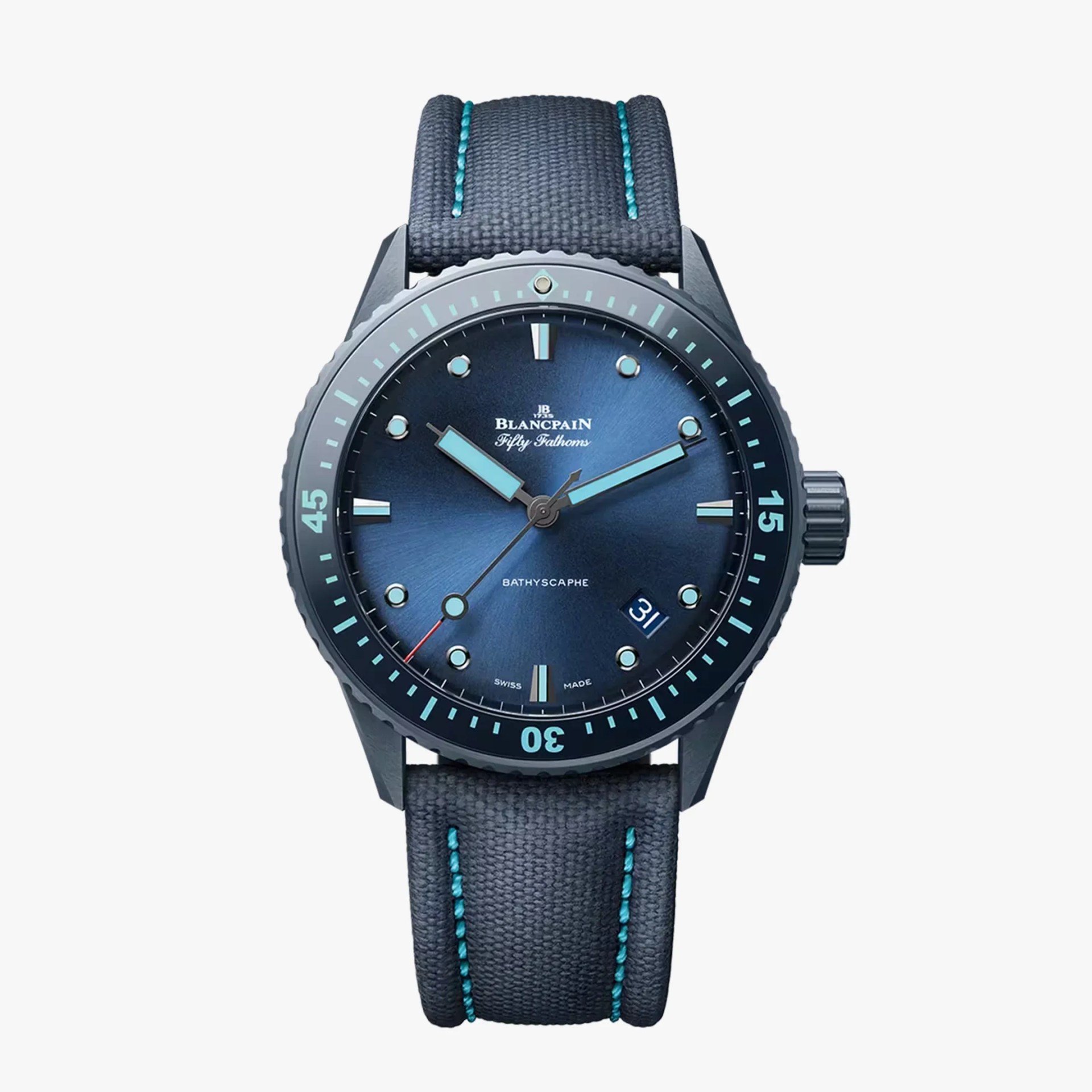 Blue Blancpain Fifty Fathoms Bathyscaphe watch with fabric strap and turquoise stitching.