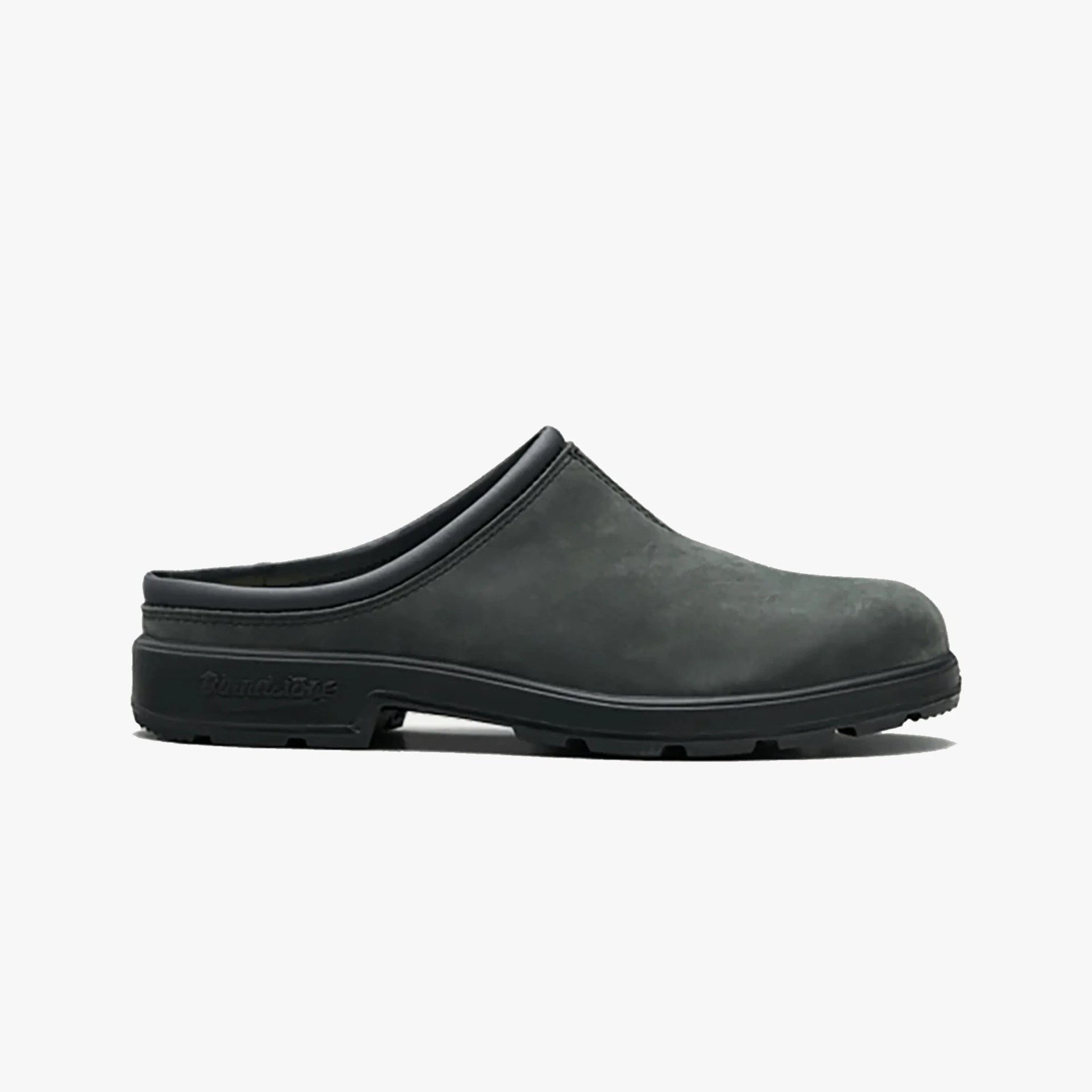 Matte black slip-on clog with a rounded toe and textured sole.