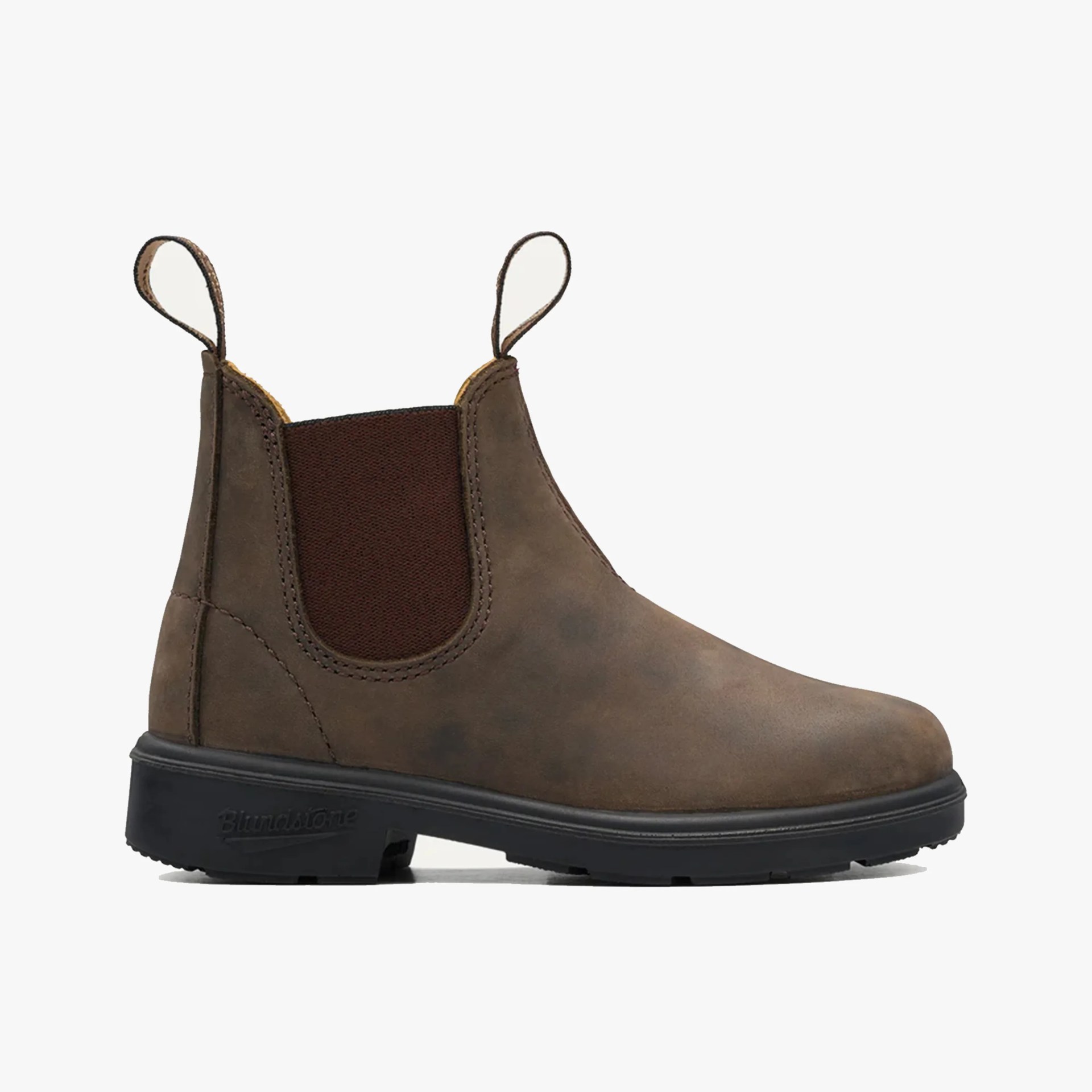 Brown leather Chelsea boot with black elastic side panels and black rubber sole.