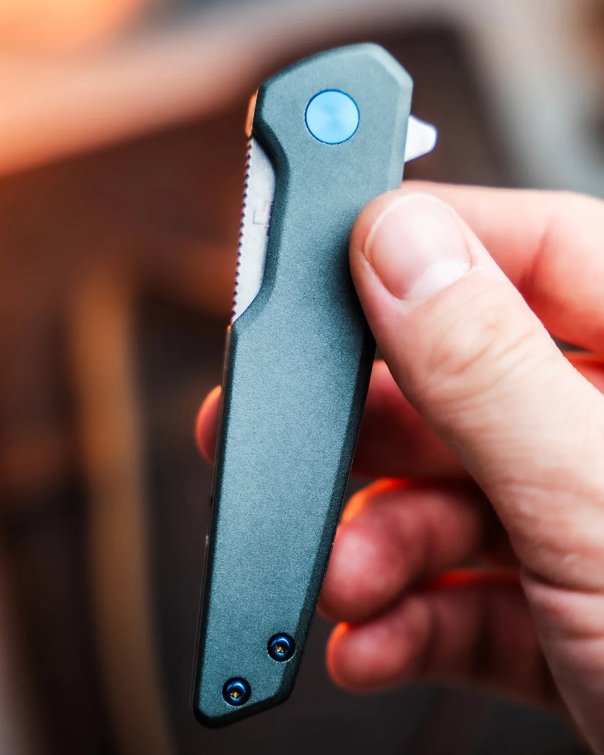 Hand holding a closed gray folding knife with blue screws and a blue circular button.