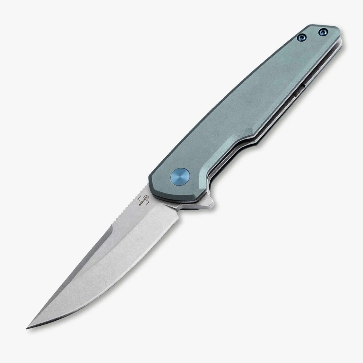 Folding knife with a stonewashed blade and a matte gray handle featuring a blue pivot screw.