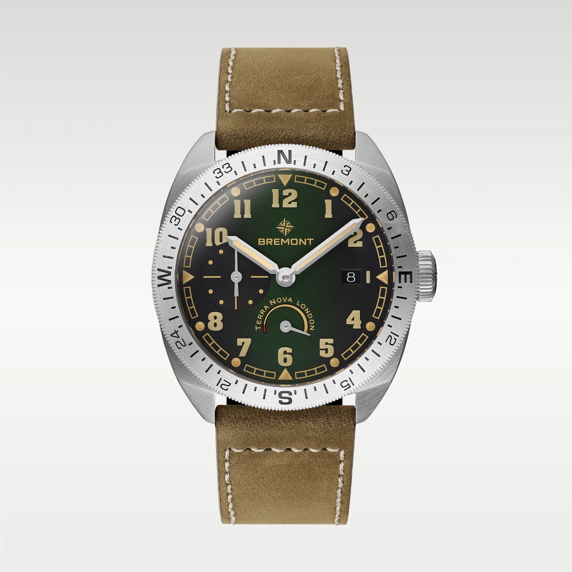 Silver Bremont wristwatch with green dial, beige numerals, date window, and brown leather strap with white stitching.