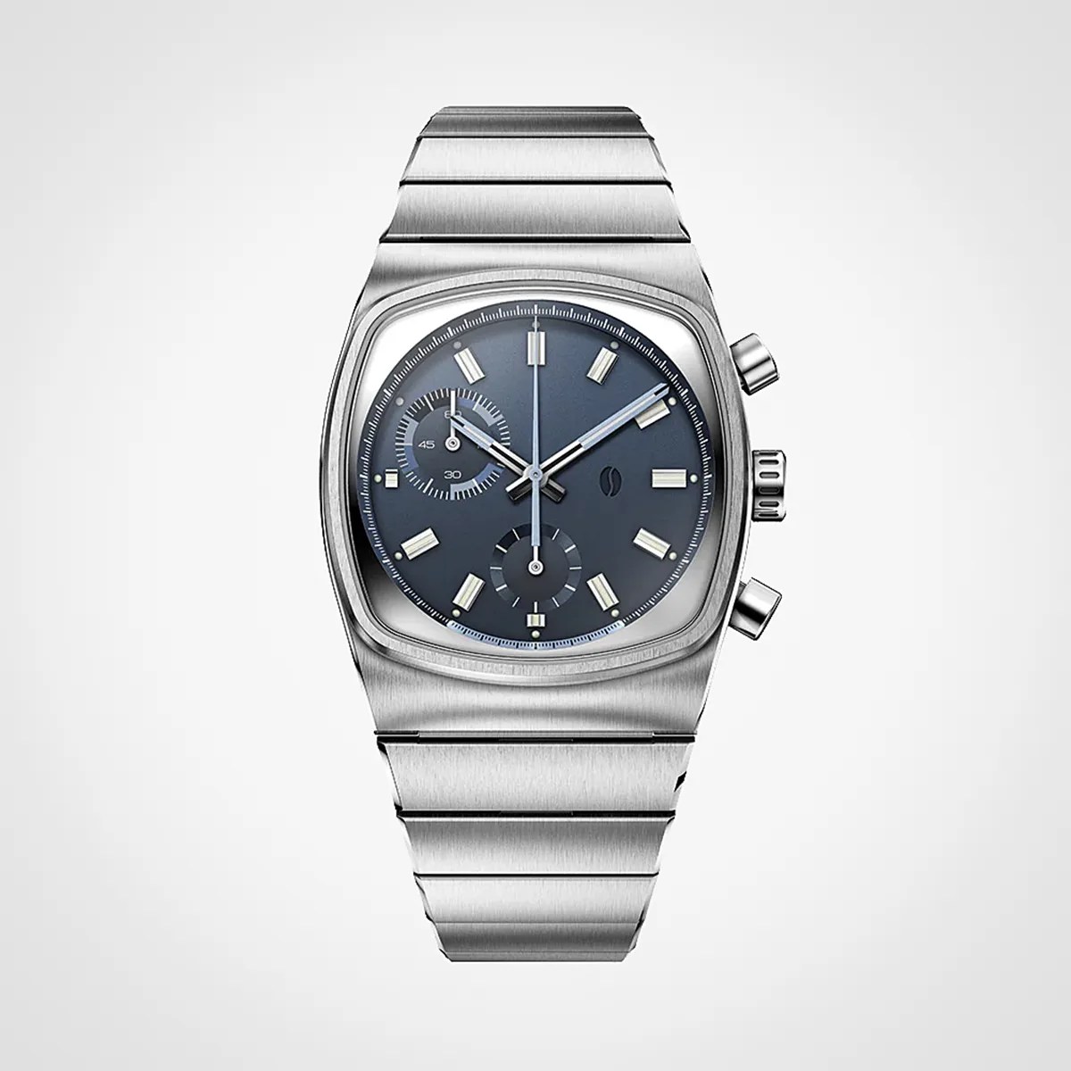 Brushed stainless steel wristwatch with a blue dial, chronograph subdials, and integrated metal bracelet.