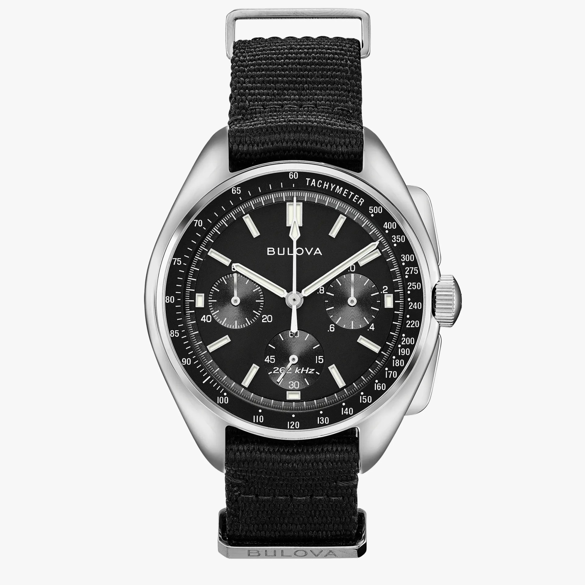 Bulova black dial chronograph watch with silver case and black fabric strap.