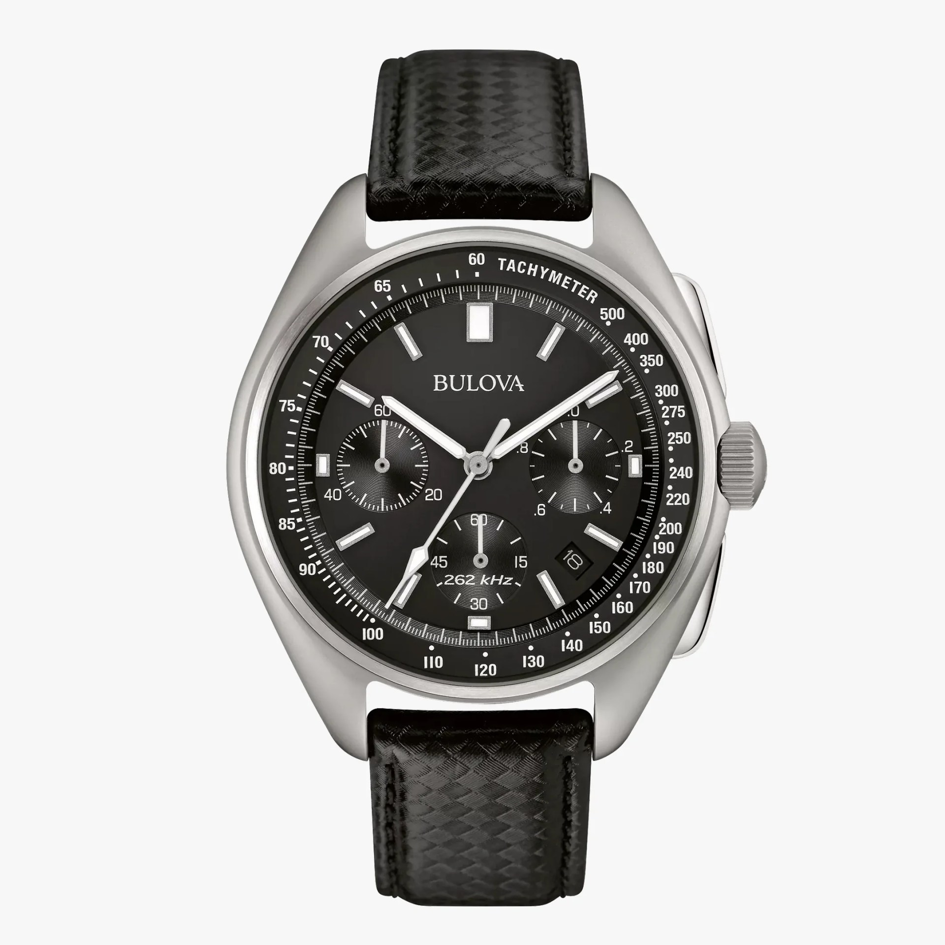 Bulova black chronograph watch with stainless steel case and textured black leather strap.