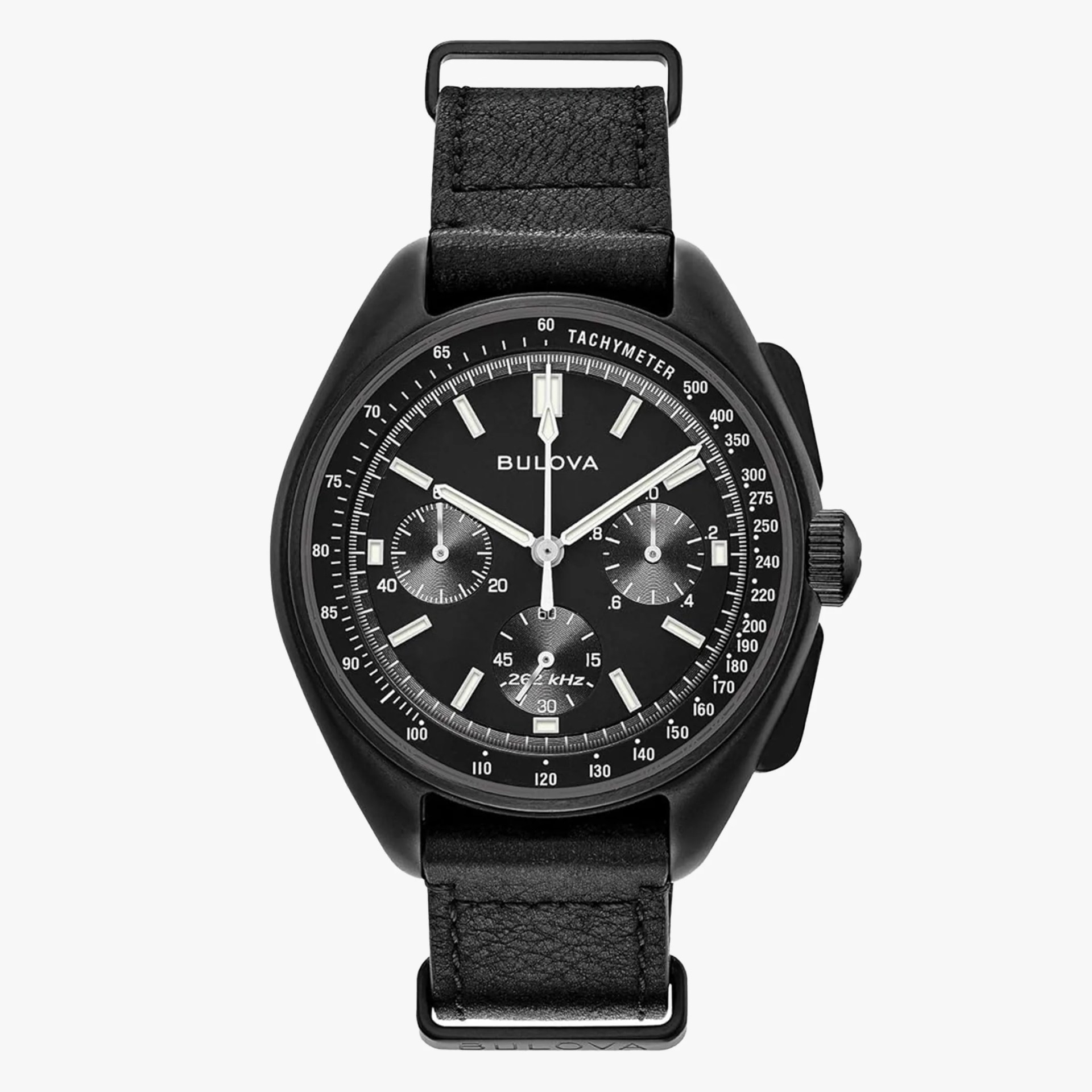 Black Bulova chronograph watch with tachymeter scale, three subdials, and black leather strap.