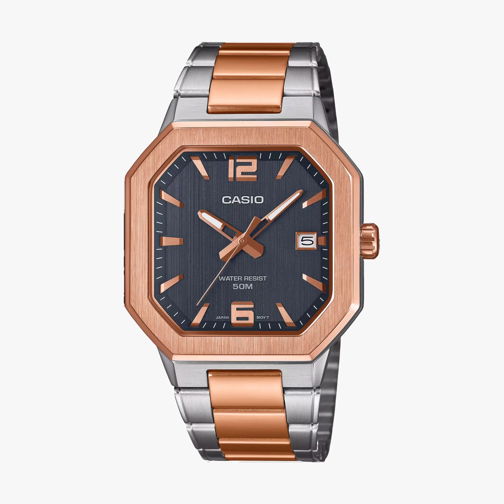 Two-tone silver and rose gold Casio wristwatch with octagonal bezel, black dial, and date display at 3 o'clock.