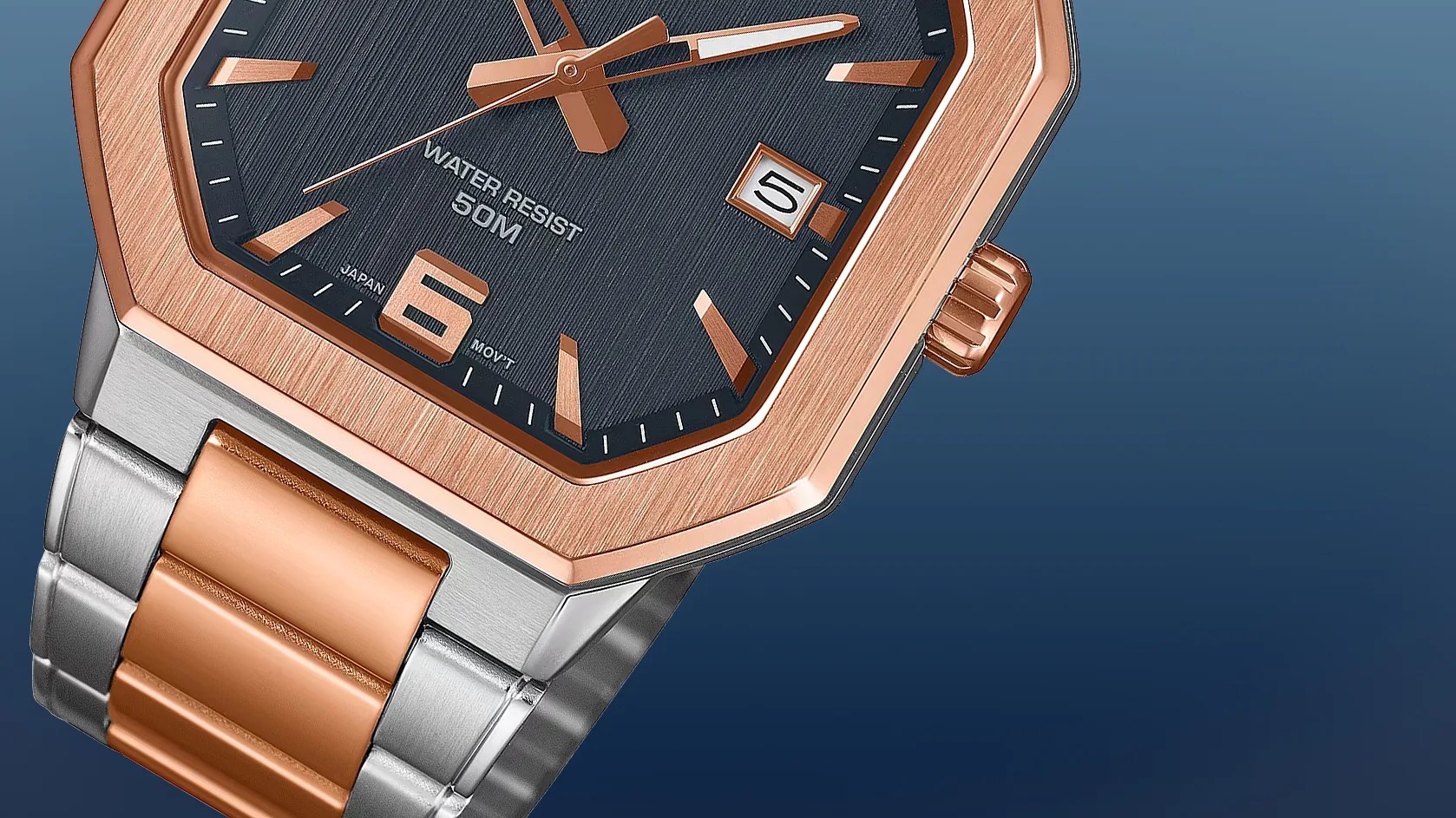 Close-up of a two-tone rose gold and silver wristwatch with a black dial, date display, and water resistance up to 50 meters.