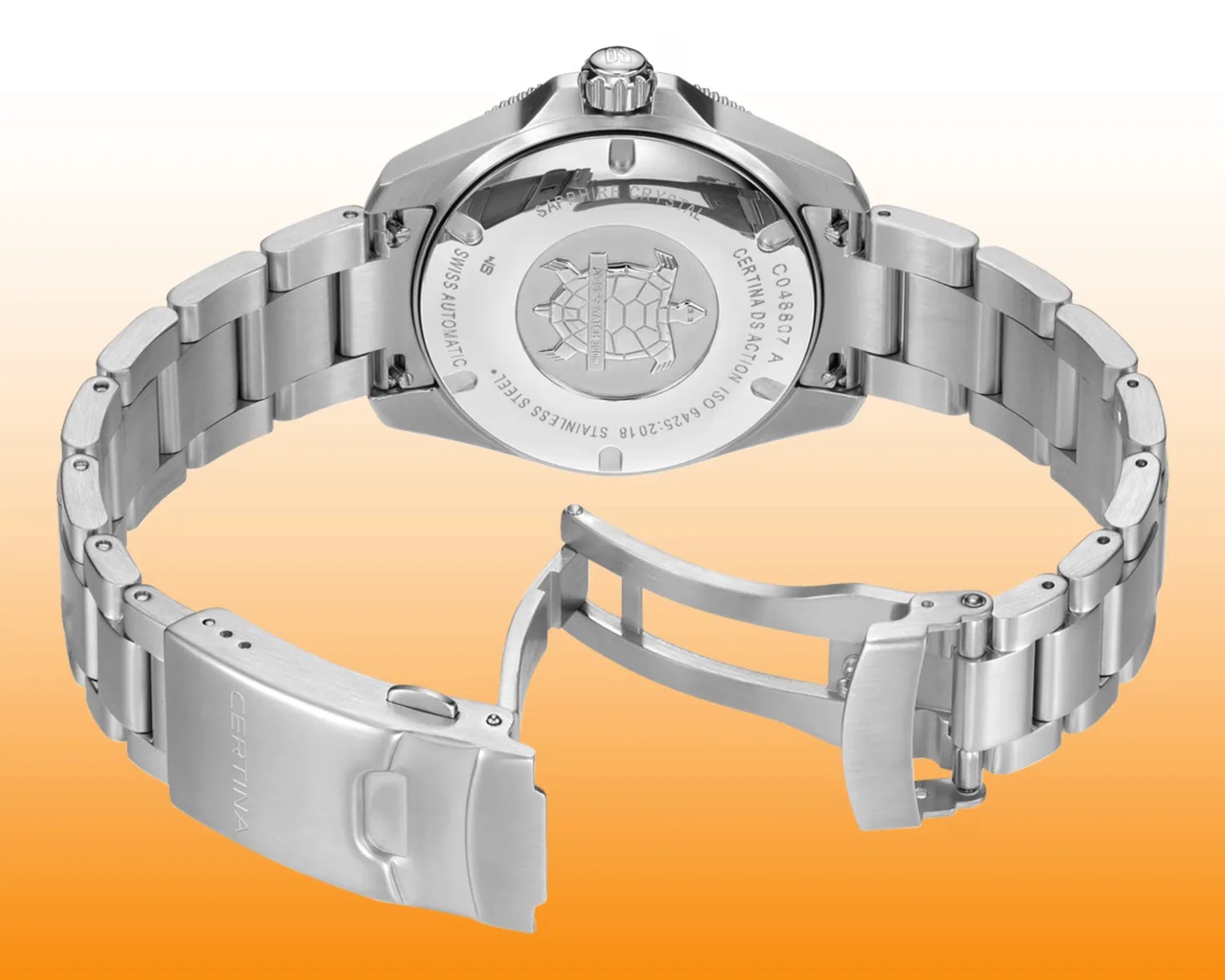 Stainless steel Certina watch band and case back with engraved turtle logo and deployment clasp open.