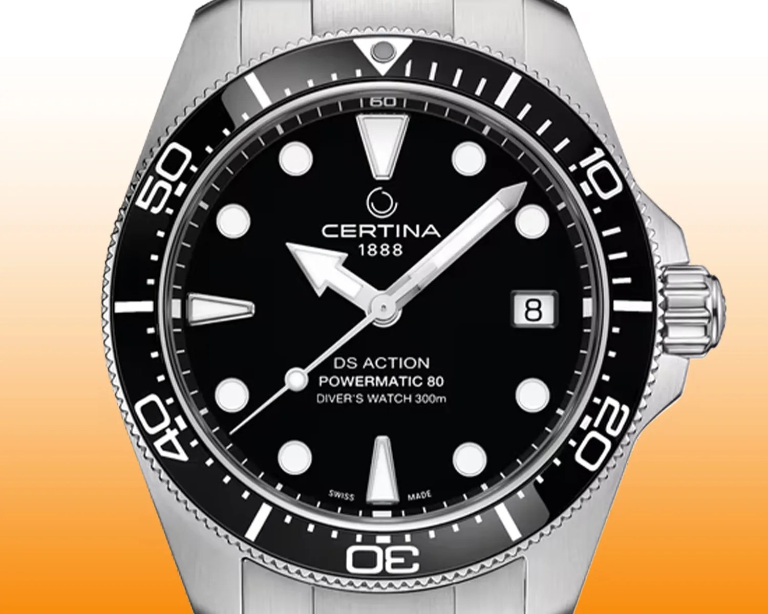 Close-up of a Certina DS Action Powermatic 80 diver's watch with a black dial, white markers, and stainless steel bezel.