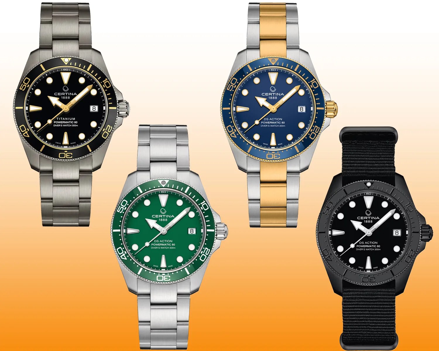 Four Certina DS Action Powermatic 80 diver's watches with 300m water resistance, featuring black dial on titanium bracelet, green dial with silver bracelet, blue and gold two-tone, and black dial with black fabric strap.
