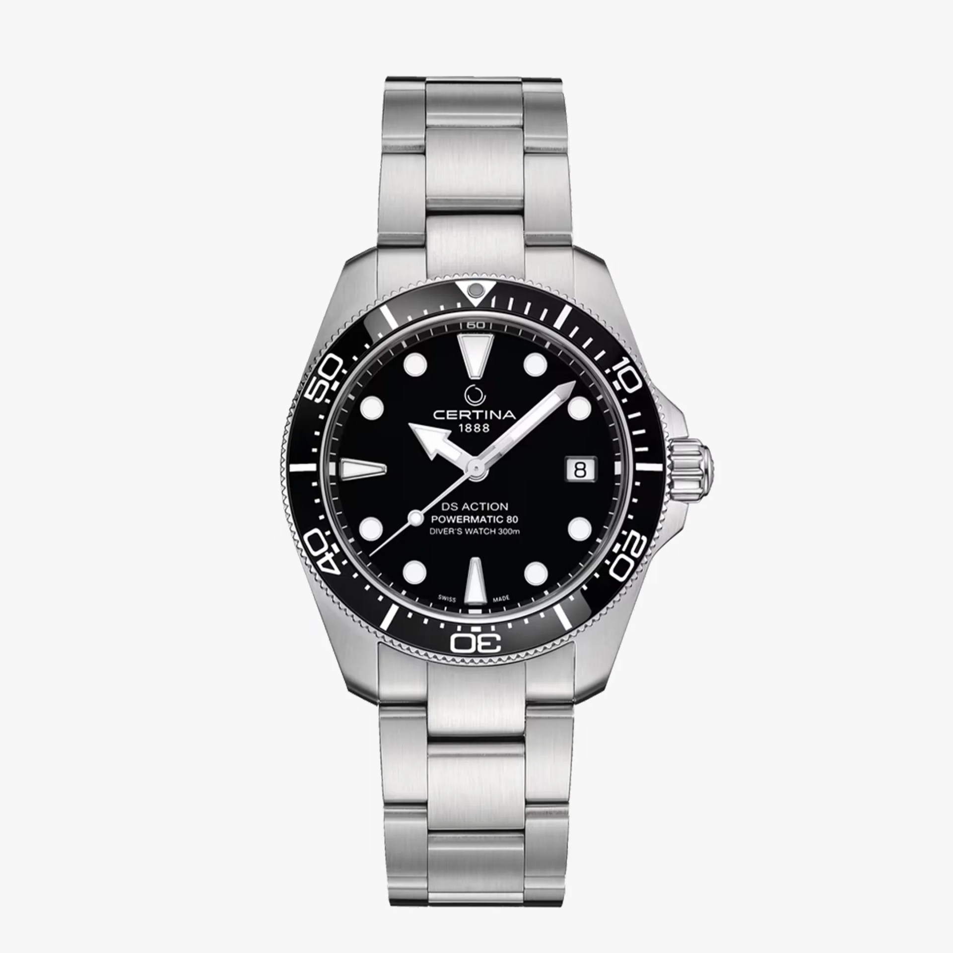 Stainless steel Certina DS Action Powermatic 80 diver's watch with black dial and date window.