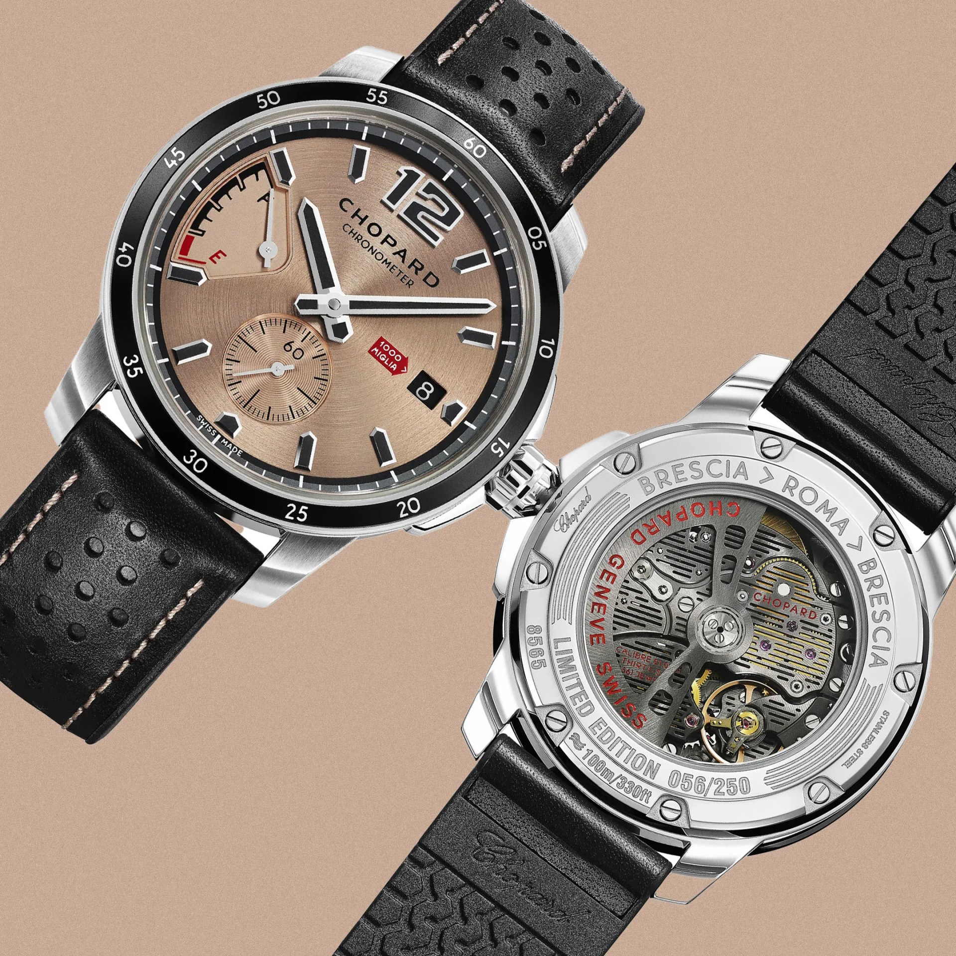 Two views of a Chopard chronometer wristwatch with a beige dial, black perforated leather strap, and visible mechanical movement on the back.