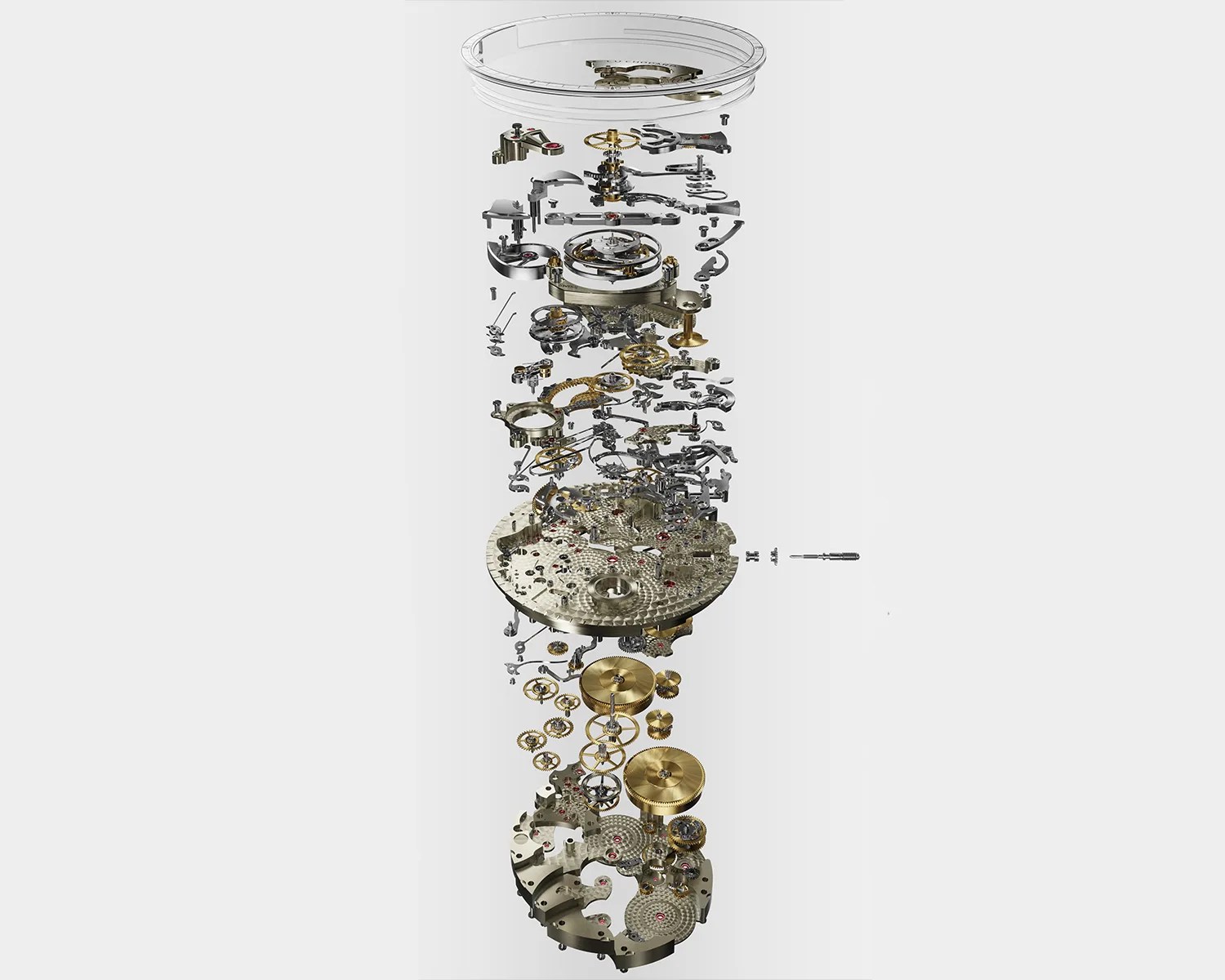 Exploded view of a mechanical watch movement showing numerous gears, screws, and components suspended in layers.