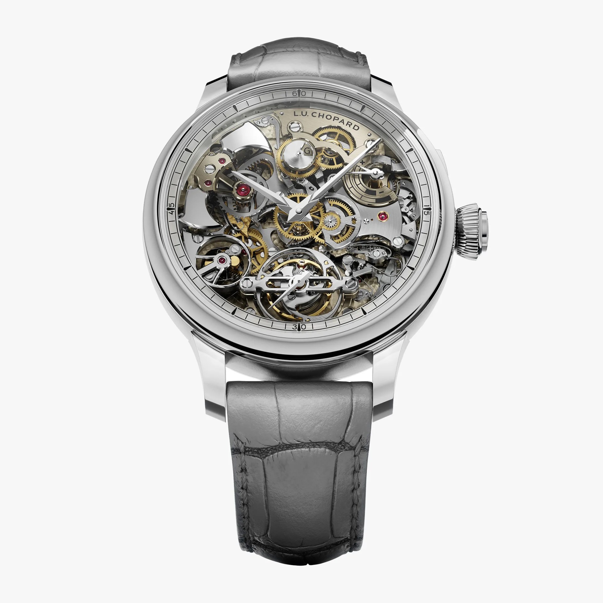Silver Chopard wristwatch with transparent skeleton dial showing gold and silver gears, and gray leather strap.