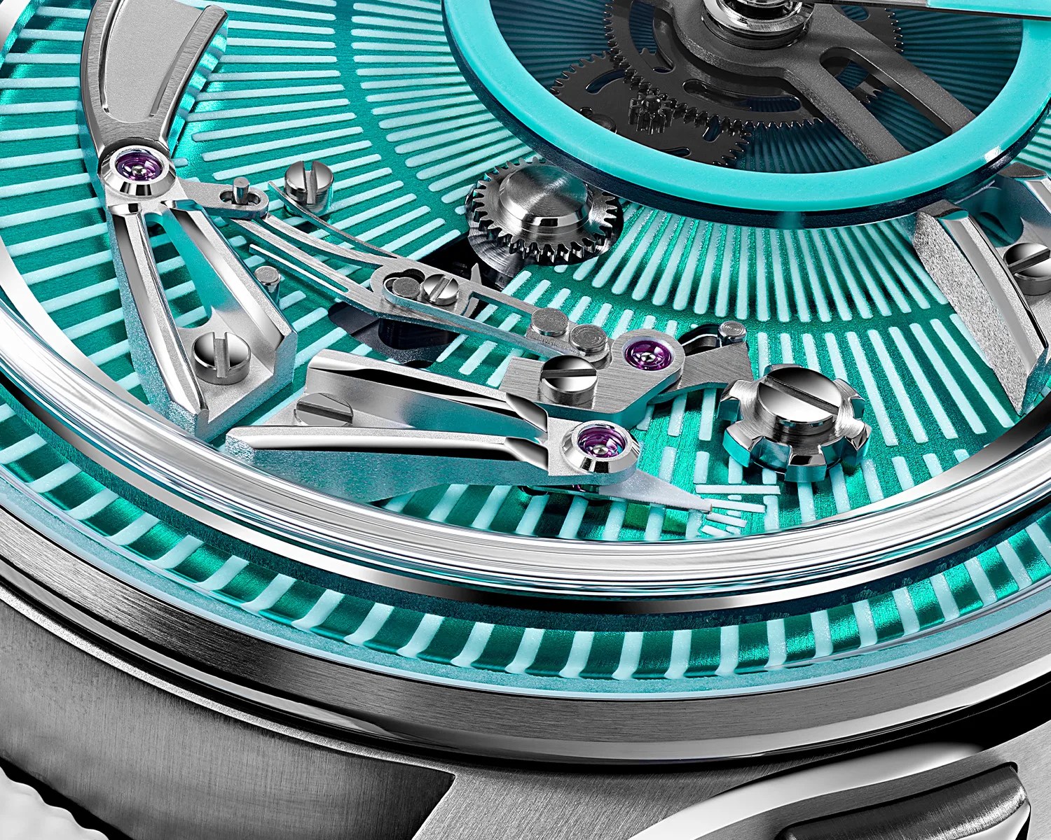 Close-up of a turquoise watch dial showing intricate silver mechanical components and gears under a clear crystal.