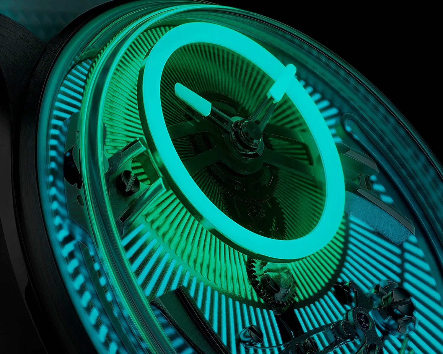 Close-up of a watch dial with glowing turquoise luminescent markers and visible mechanical gears.