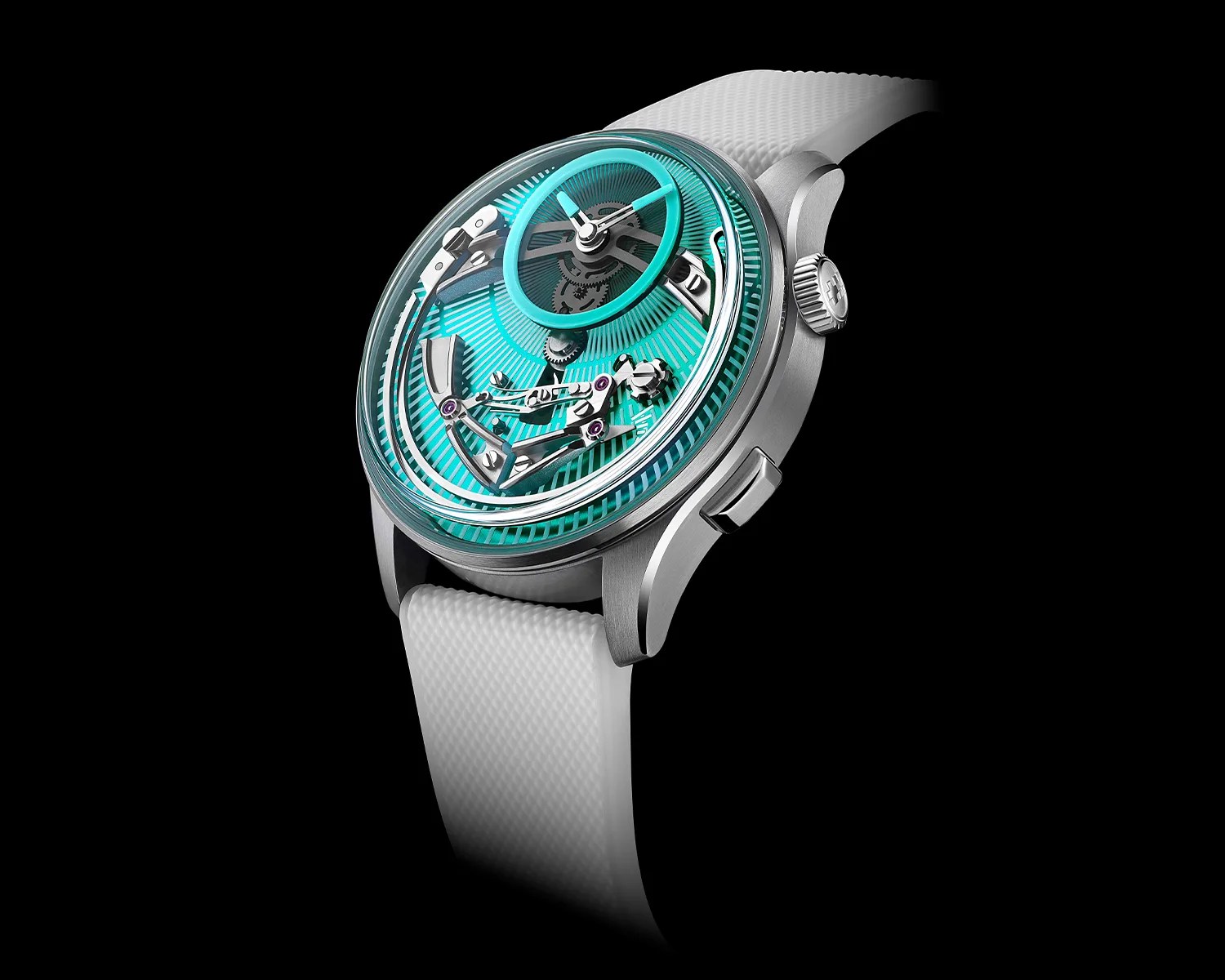Silver wristwatch with a turquoise dial featuring visible mechanical components and a white textured strap.